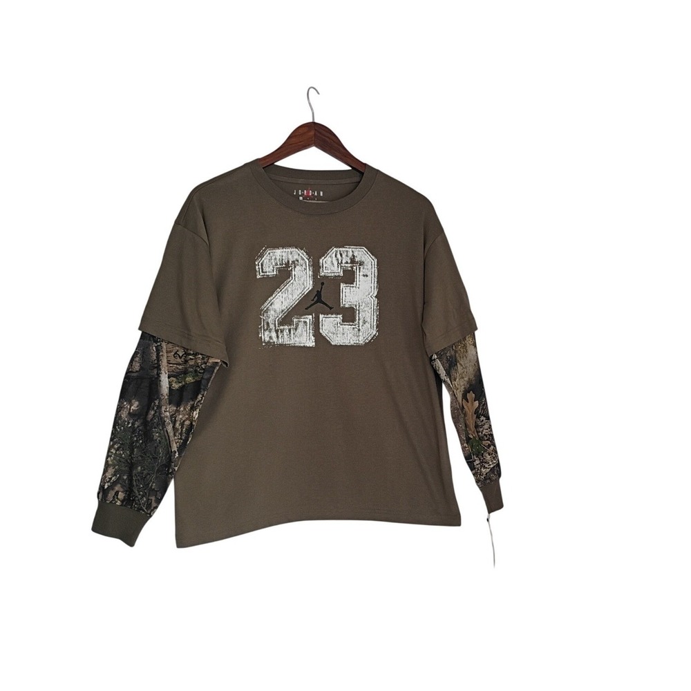 NWT Jordan Jumpman Camo Layered Long Sleeve Tee Olive Green Fits Women S/M - Picture 3 of 9
